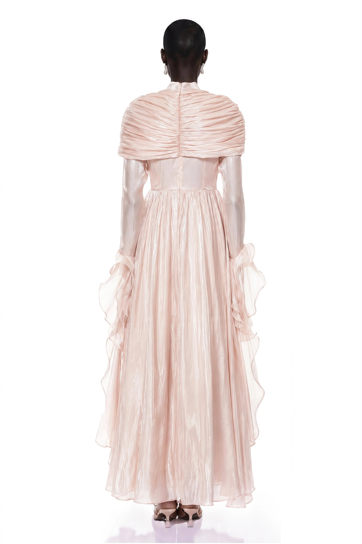 Gustave Pink Ruched Cape Ruffled Maxi Dress
