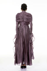 Gustave Purple Ruched Cape Ruffled Maxi Dress