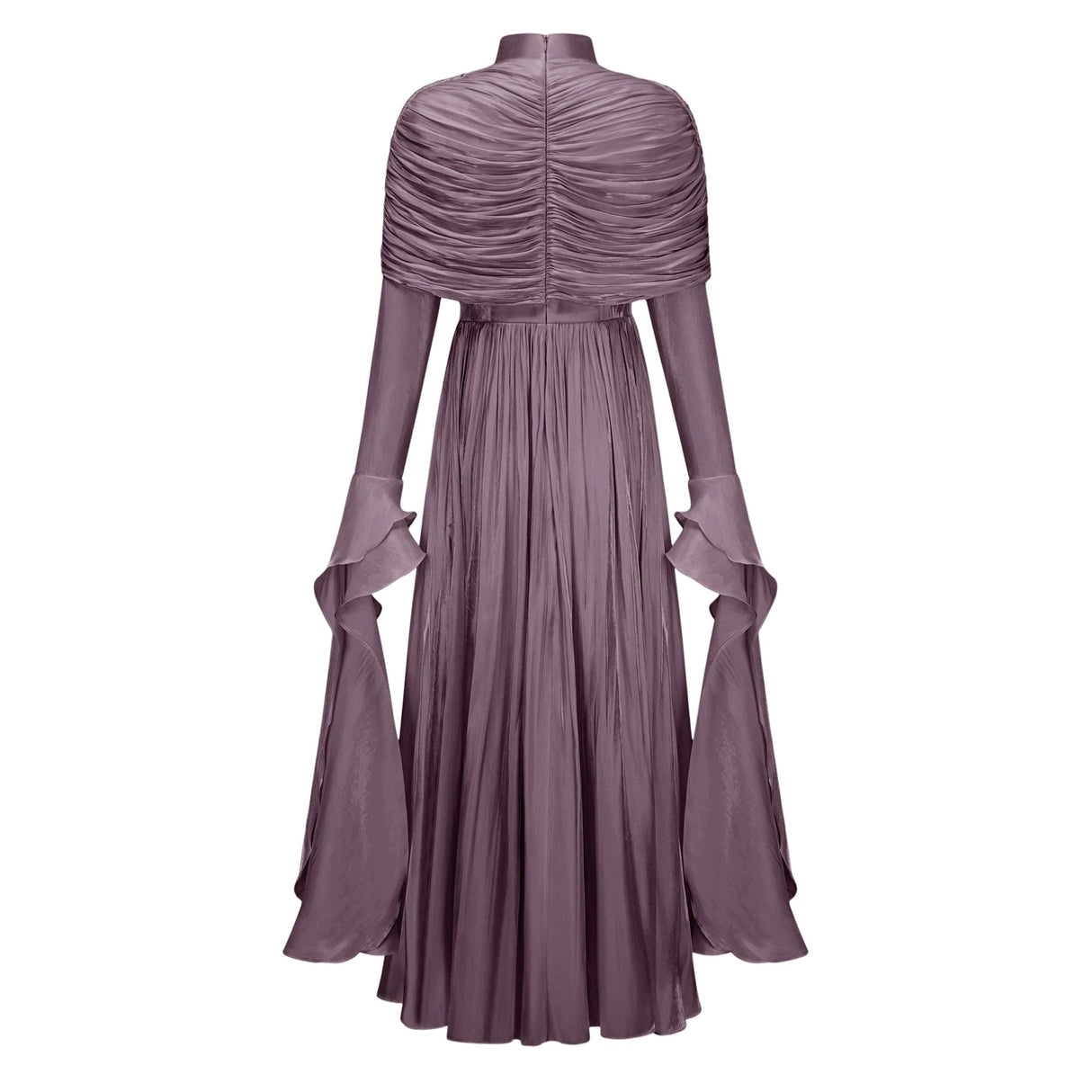 Gustave Purple Ruched Cape Ruffled Maxi Dress