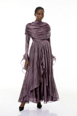 Gustave Purple Ruched Cape Ruffled Maxi Dress