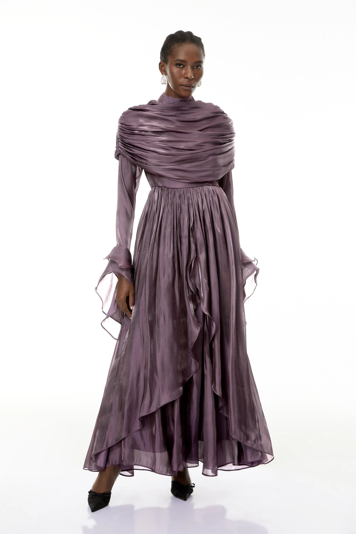 Gustave Purple Ruched Cape Ruffled Maxi Dress