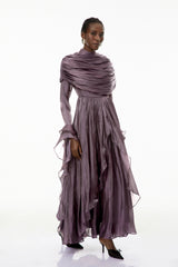 Gustave Purple Ruched Cape Ruffled Maxi Dress