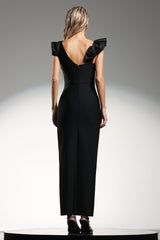 Gwendolyn Black Formal Event Dress with Cut-Out Neckline and Ruffled Sleeves