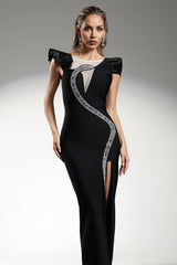 Gwendolyn Black Formal Event Dress with Cut-out Neckline and Ruffled Sleeves