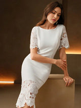 Gwendolyn Midi Dress - Round Neck - Mermaid Hem - High Waist - Elegant Style - Colorblock & Plain