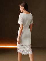 Gwendolyn Midi Dress - Round Neck - Mermaid Hem - High Waist - Elegant Style - Colorblock & Plain