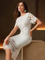 Gwendolyn Midi Dress - Round Neck - Mermaid Hem - High Waist - Elegant Style - Colorblock & Plain