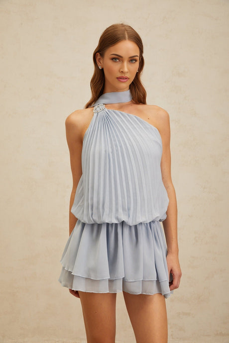 Gwendolyn Mini Dress - Halterneck - Sleeveless - Open Back - Fully Pleated - Ribbon Design
