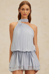 Gwendolyn Mini Dress - Halterneck - Sleeveless - Open Back - Fully Pleated - Ribbon Design
