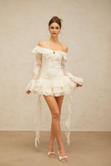 Gwendolyn Mini Dress - Off the Shoulder Design - Semi - sheer Long Sleeves - Floral Embroidery - Ribbon Accent