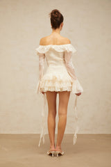 Gwendolyn Mini Dress - Off the Shoulder Design - Semi - sheer Long Sleeves - Floral Embroidery - Ribbon Accent