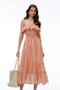 Haeata Coral Sleeveless Ruffled Midi Dress with Lace Trim