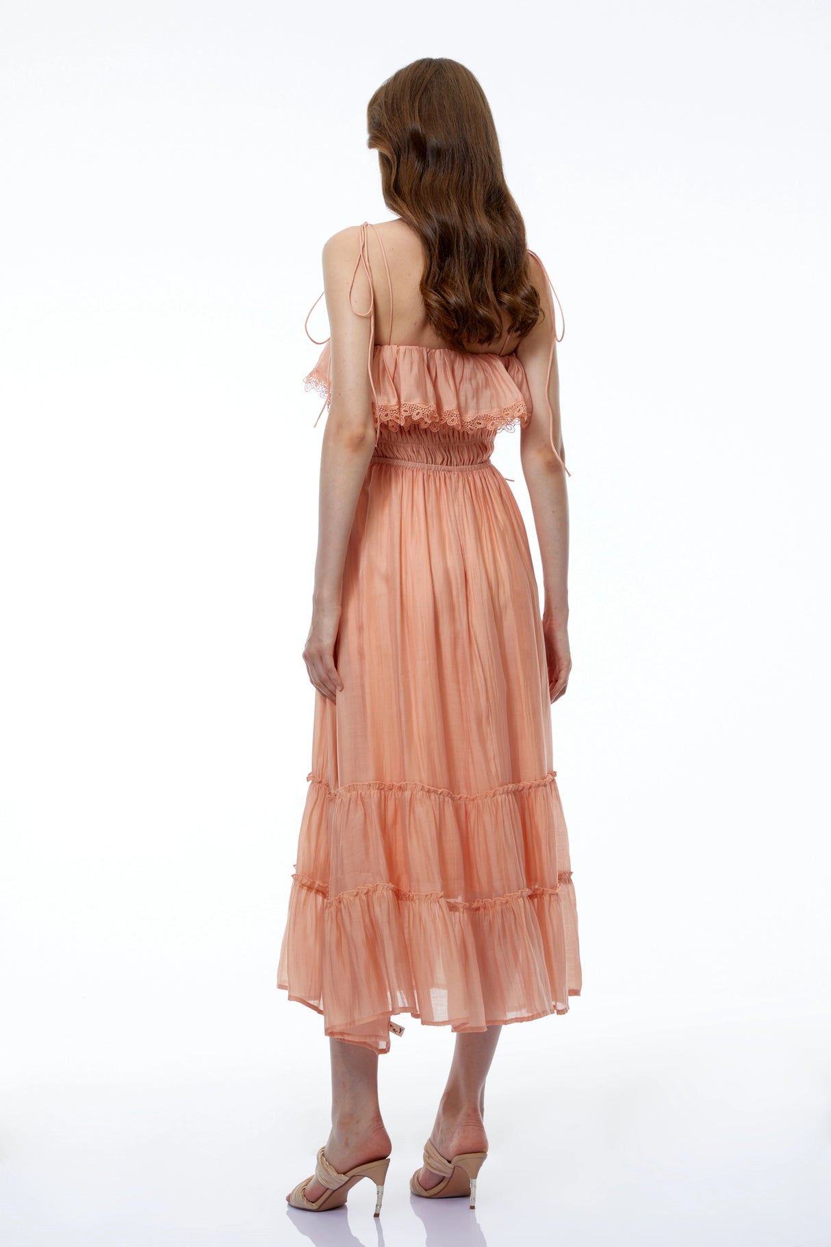 Haeata Coral Sleeveless Ruffled Midi Dress with Lace Trim