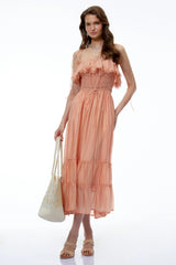 Haeata Coral Sleeveless Ruffled Midi Dress with Lace Trim