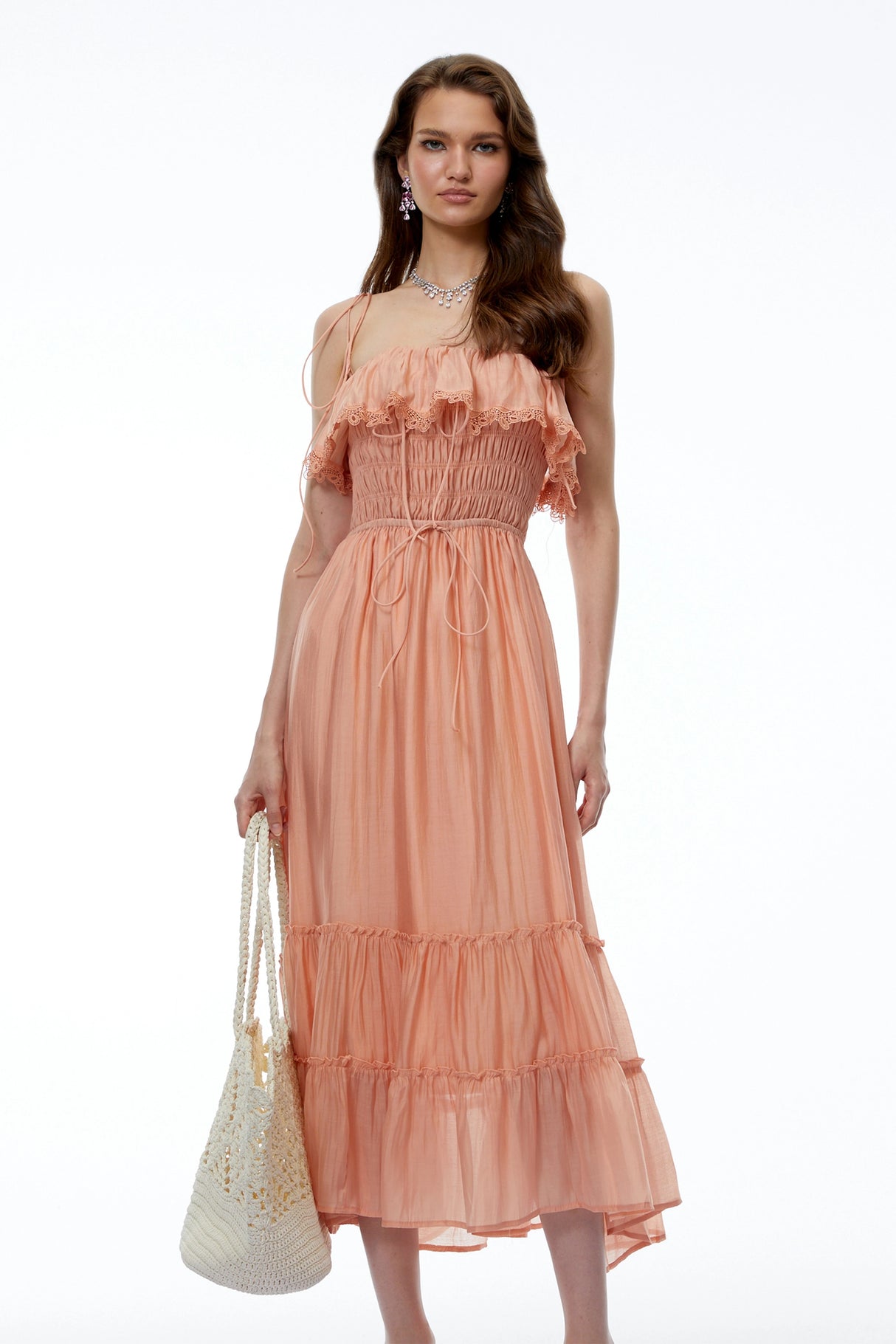 Haeata Coral Sleeveless Ruffled Midi Dress with Lace Trim