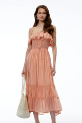 Haeata Coral Sleeveless Ruffled Midi Dress with Lace Trim