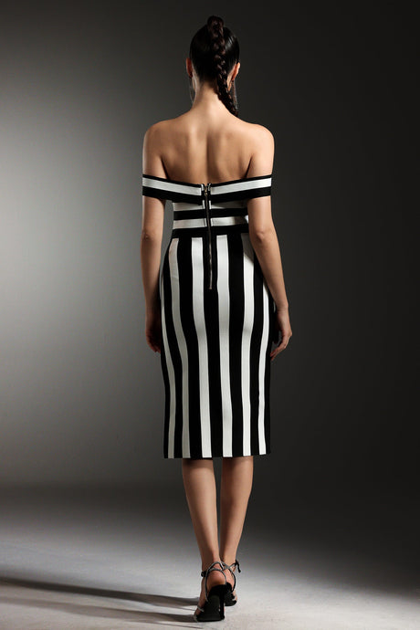 Hailey Black Striped Off-the-Shoulder Bandage Dress with Slit Detailing