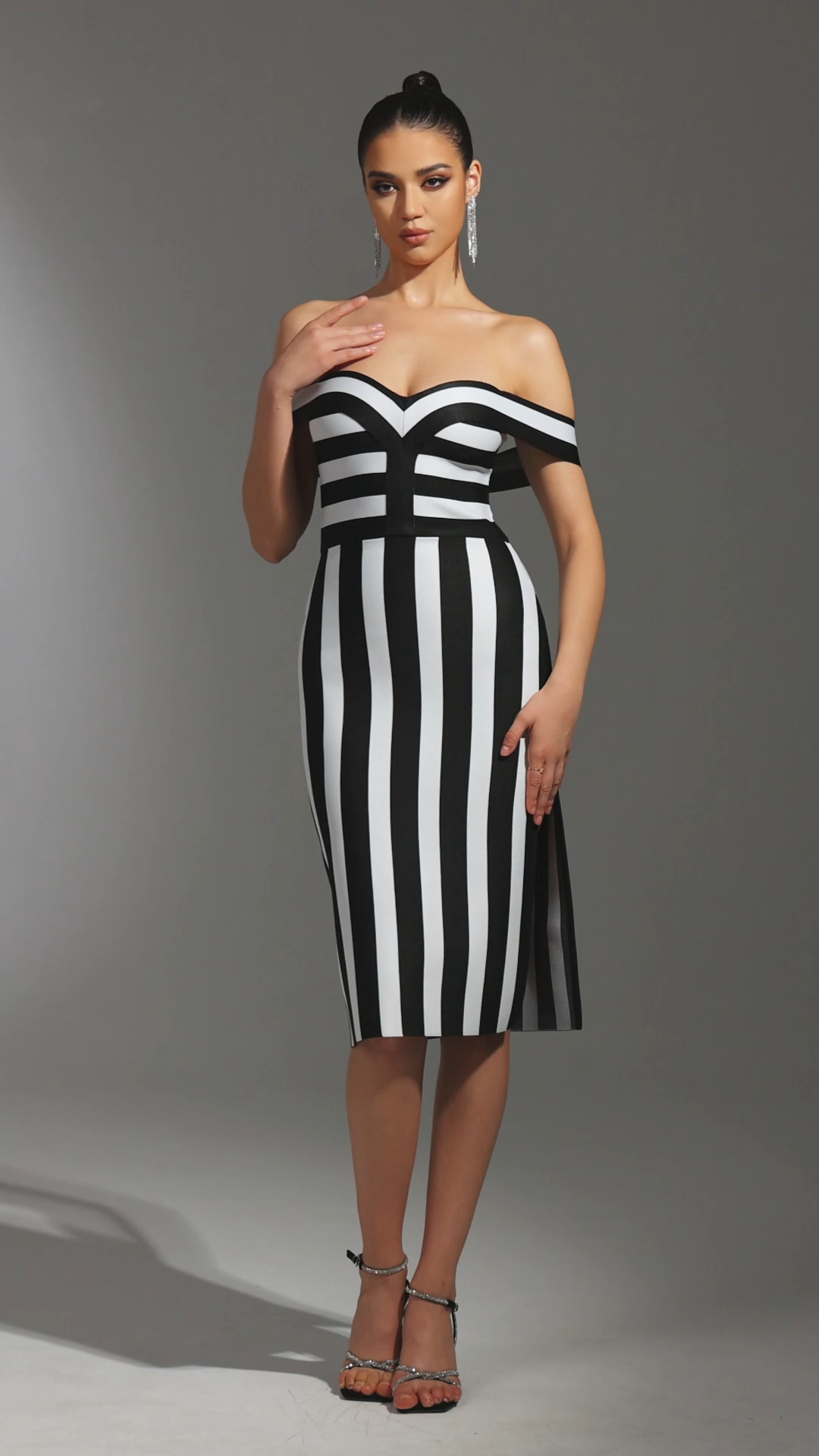 Hailey Black Striped Bandage Off-the-Shoulder Dress with Slit Detailing