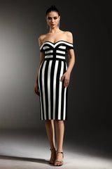 Hailey Black Striped Bandage Off-the-Shoulder Dress with Slit Detailing