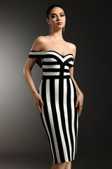 Hailey Black Striped Off-the-Shoulder Bandage Dress