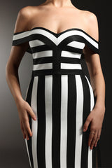 Hailey Black Striped Off-the-Shoulder Bandage Dress