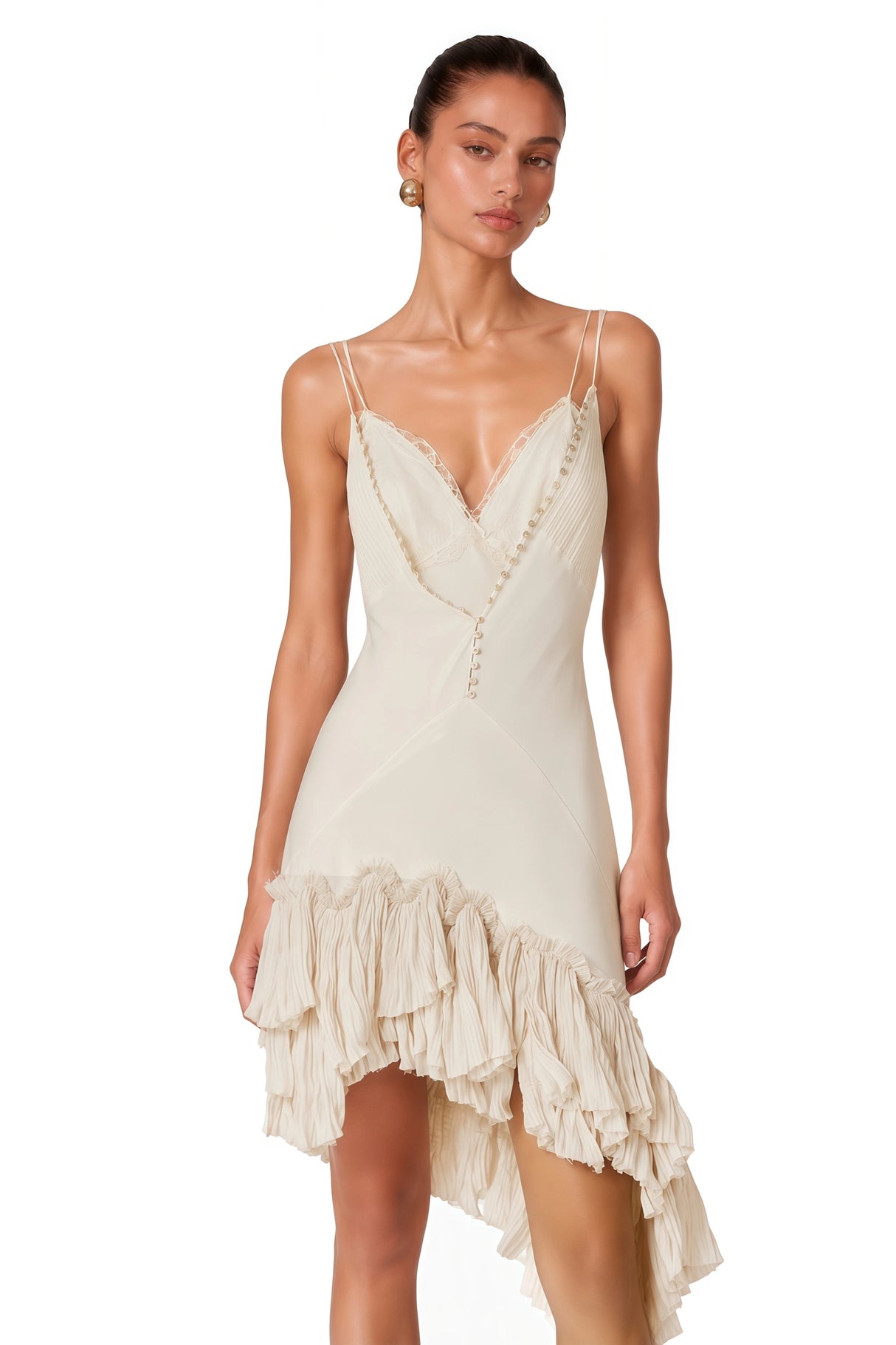 Hailey Cream Asymmetrical Mini Dress with Ruffled Lace