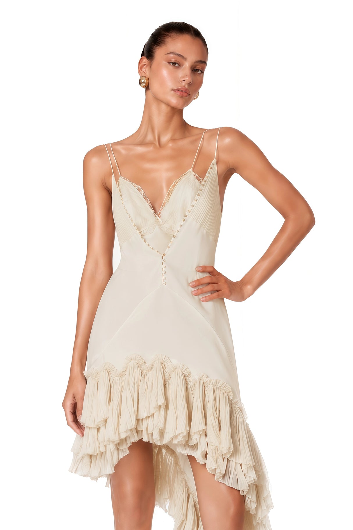 Hailey Cream Asymmetrical Mini Dress with Ruffled Lace