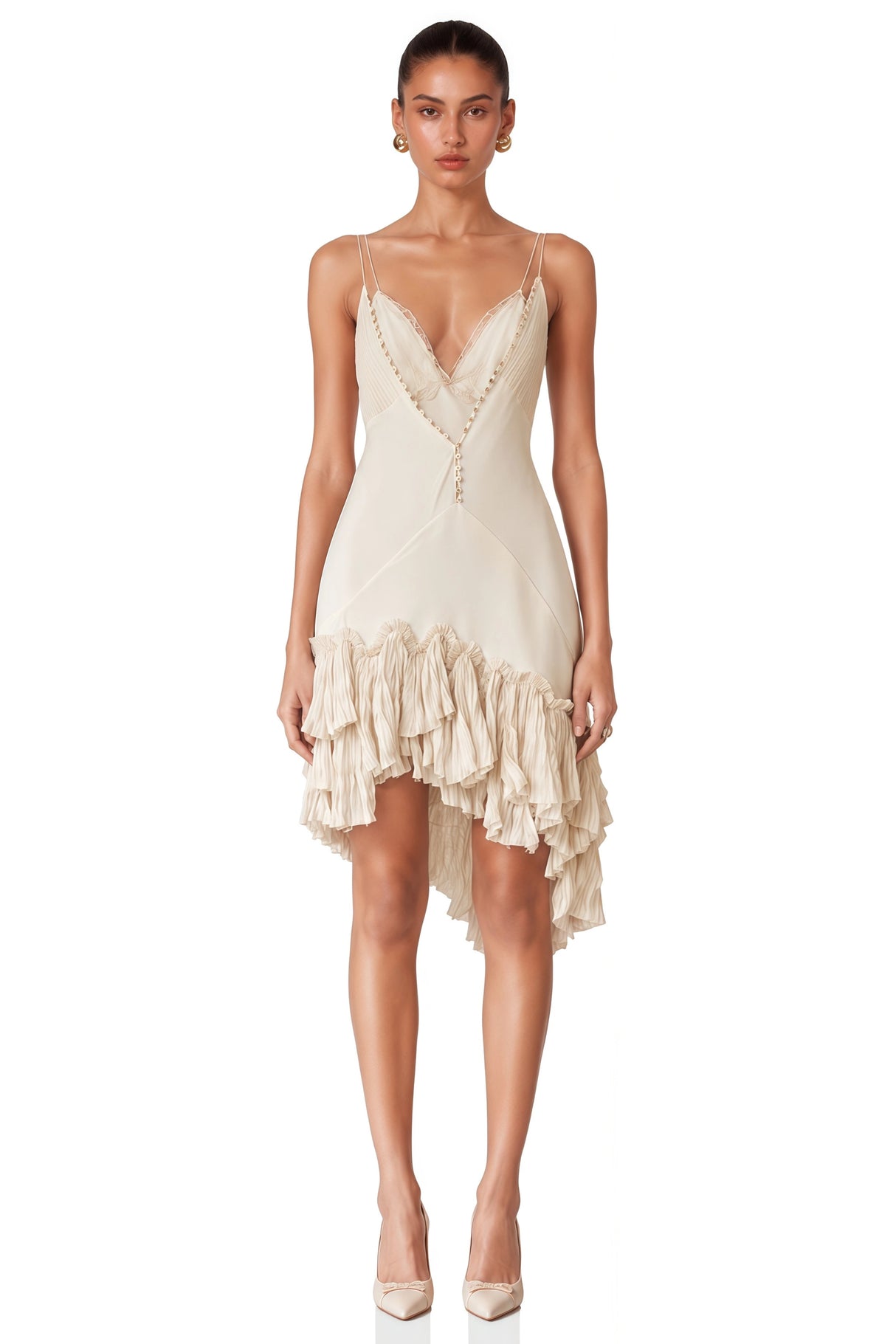 Hailey Cream Asymmetrical Mini Dress with Ruffled Lace