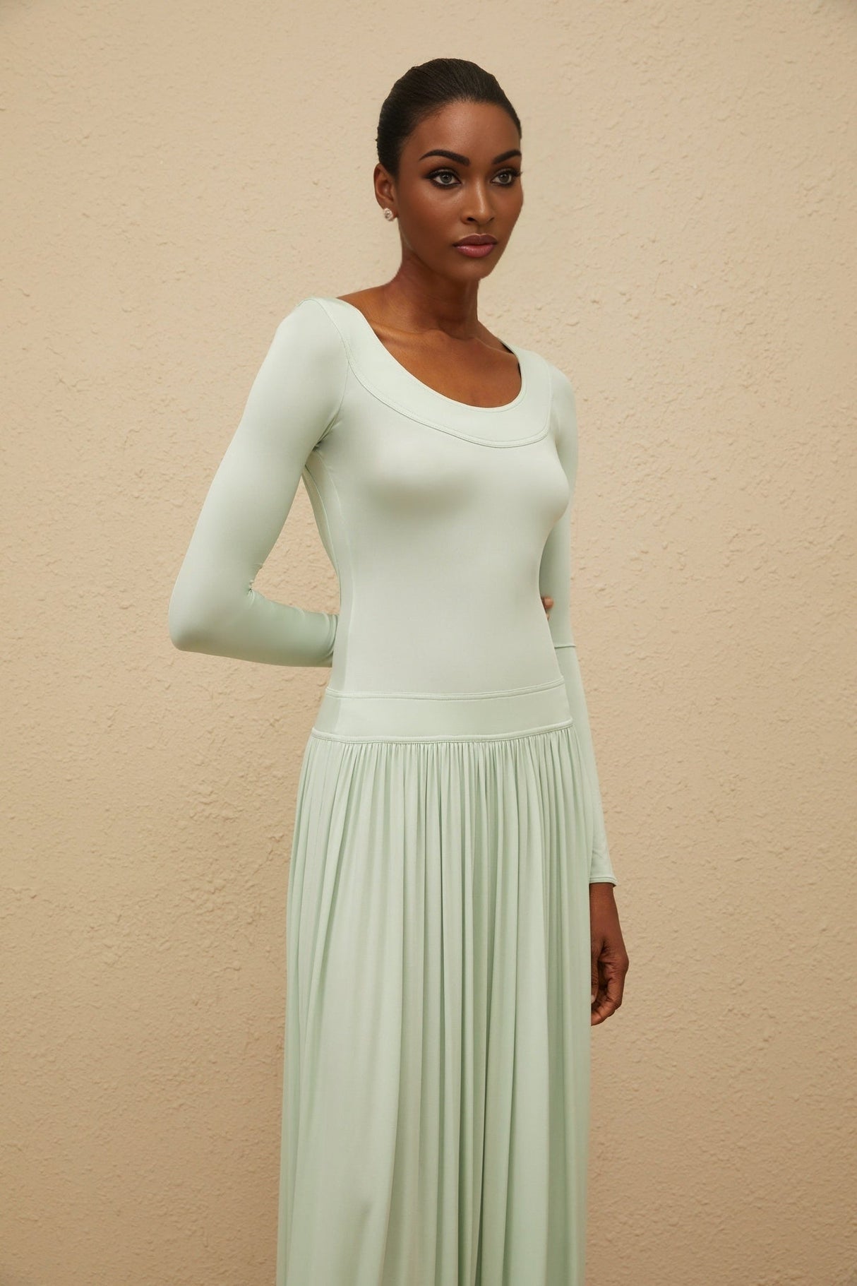 Hailey Maxi Dress - Mint Green Long Sleeve Self - Tie Open Back