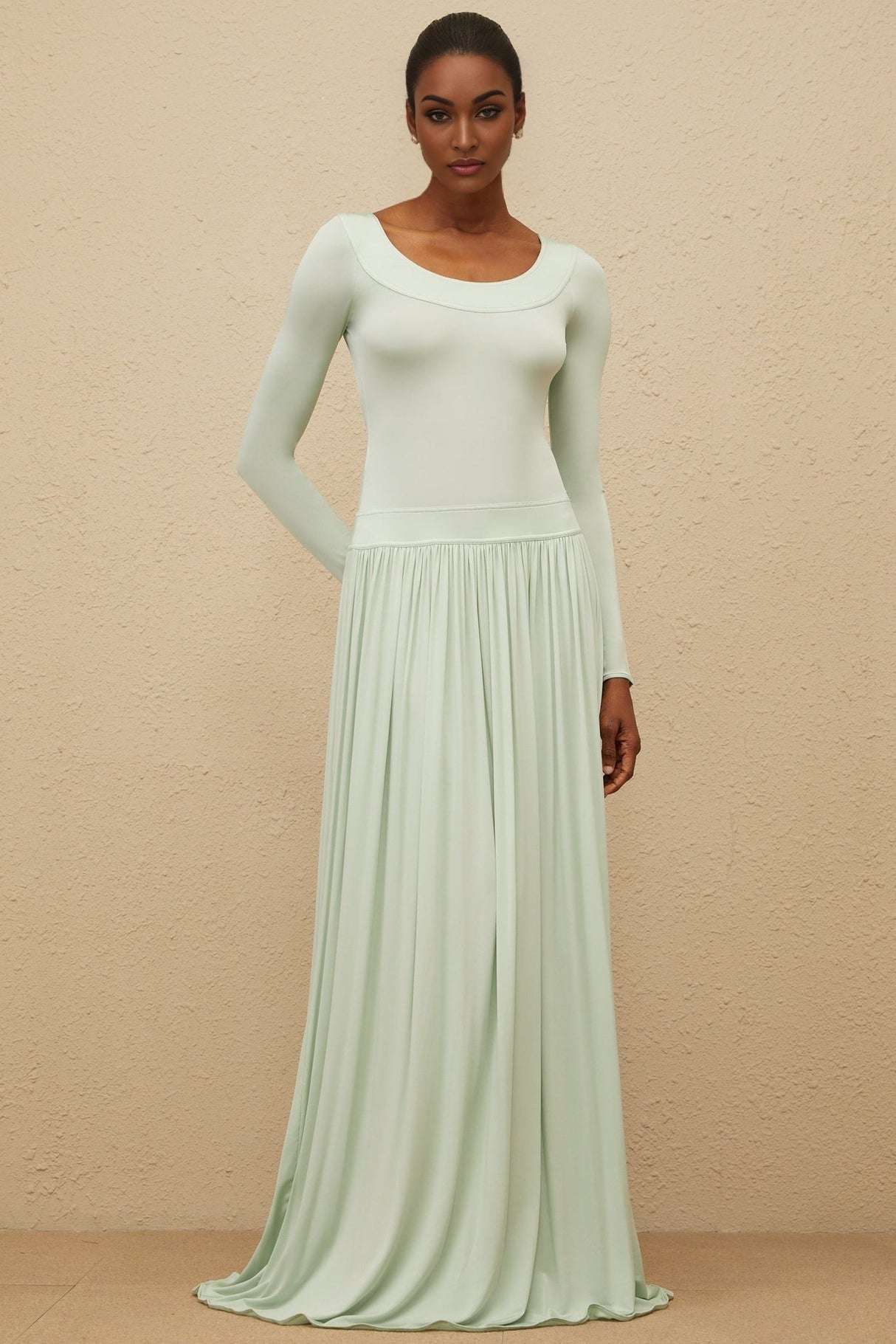 Hailey Maxi Dress - Mint Green Long Sleeve Self - Tie Open Back