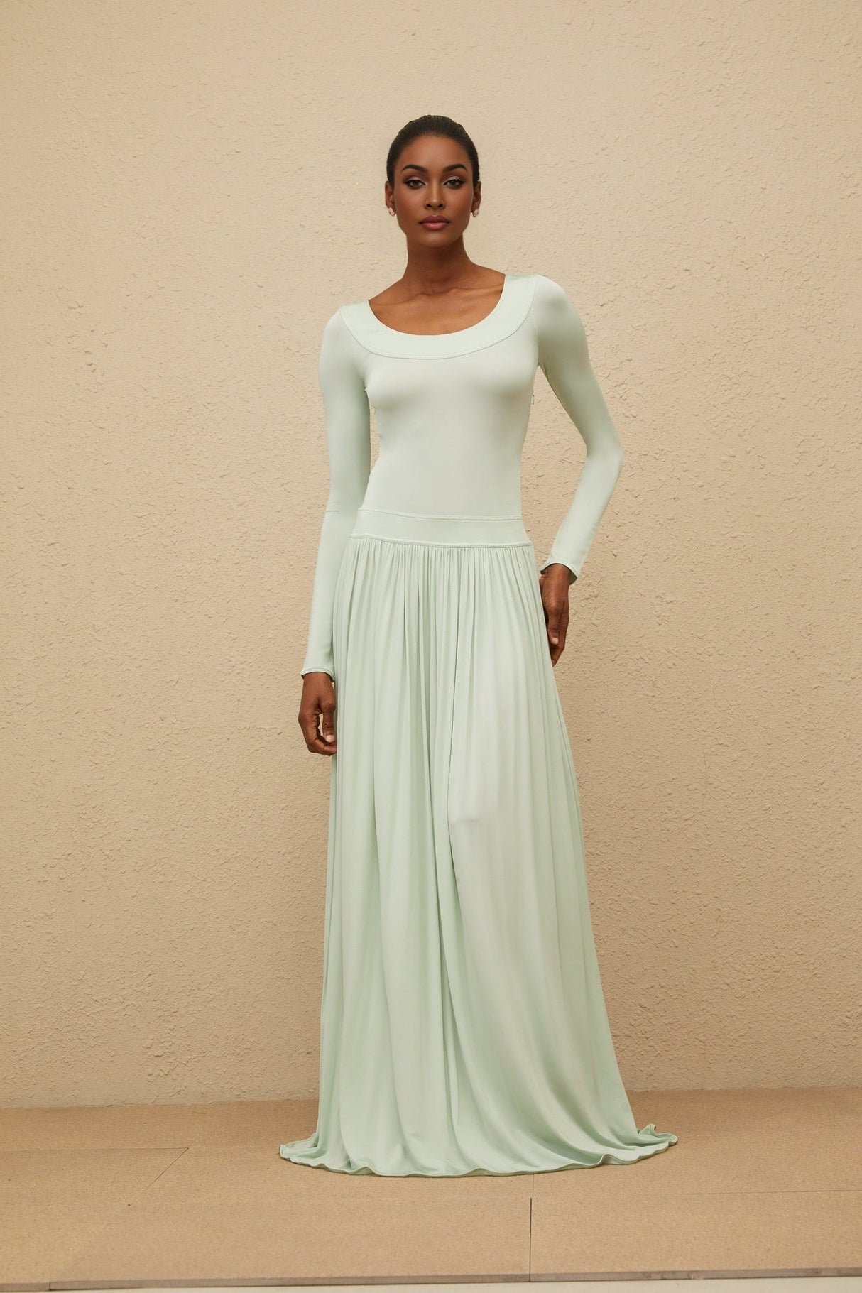 Hailey Maxi Dress - Mint Green Long Sleeve Self - Tie Open Back