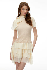 Halcyone Neutral Knit Chiffon Mini Dress