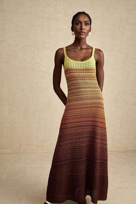 Haley Maxi Dress Brown & Multicolor Gradient Knit Hem