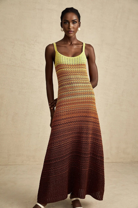 Haley Maxi Dress Brown & Multicolor Gradient Knit Hem