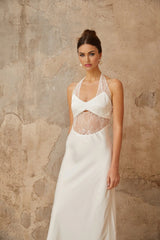 Haley Maxi Dress White Lace Panel Cut - Out & Satin Finish