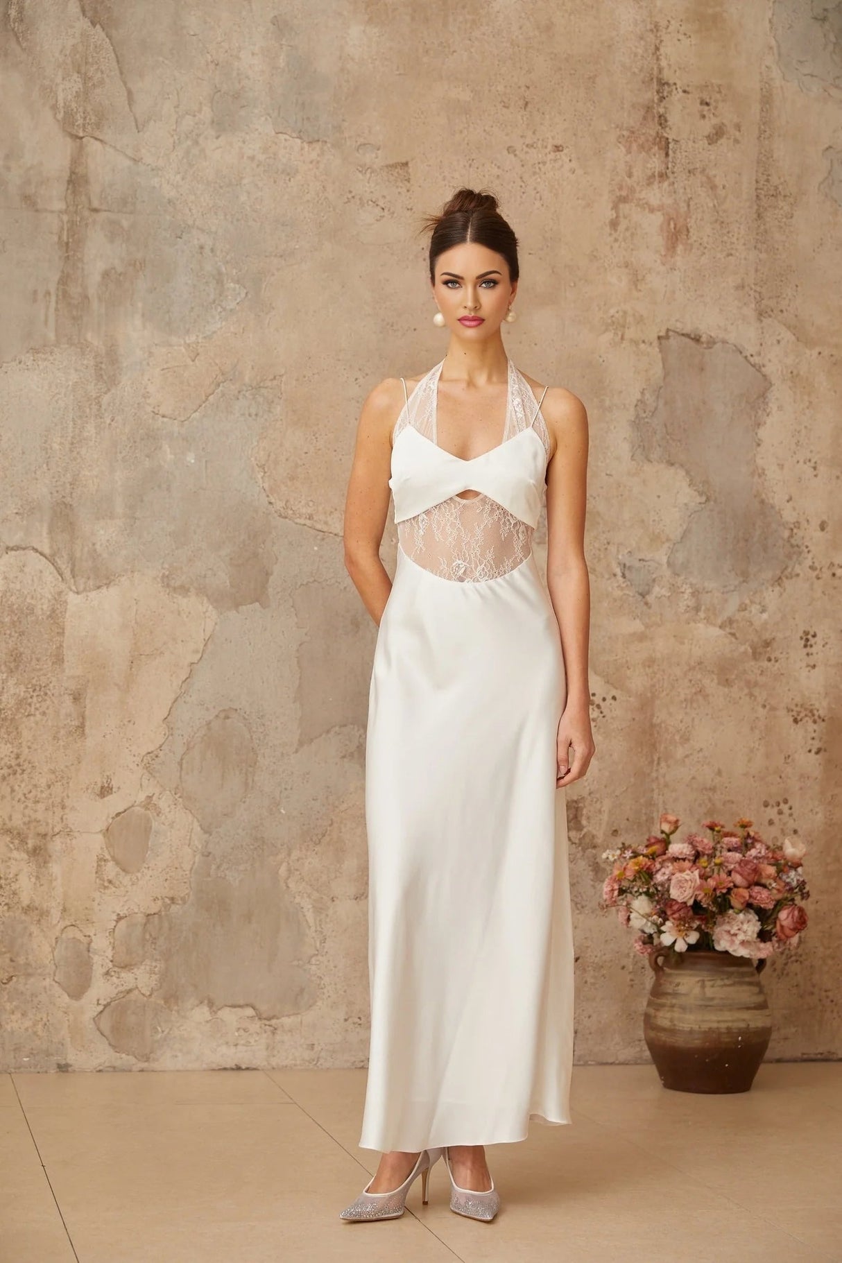 Haley Maxi Dress White Lace Panel Cut - Out & Satin Finish