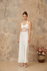 Haley Maxi Dress White Lace Panel Cut - Out & Satin Finish