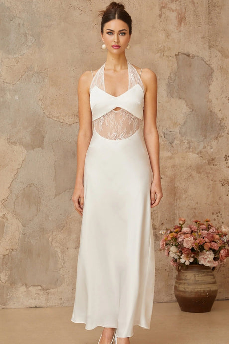 Haley Maxi Dress White Lace Panel Cut - Out & Satin Finish