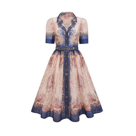 Haley Midi Dress Neutrals & Blue Pattern Long Sleeves Belt Button Fastening