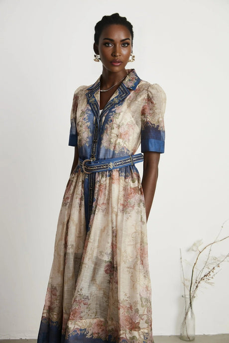 Haley Midi Dress Neutrals & Blue Pattern Long Sleeves Belt Button Fastening