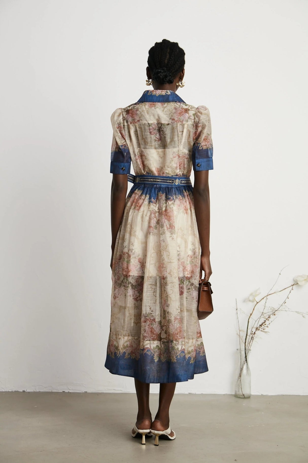 Haley Midi Dress Neutrals & Blue Pattern Long Sleeves Belt Button Fastening