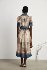 Haley Midi Dress Neutrals & Blue Pattern Long Sleeves Belt Button Fastening