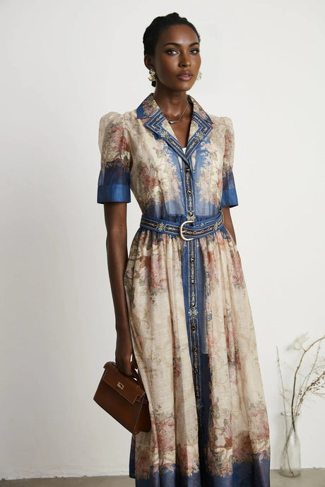 Haley Midi Dress Neutrals & Blue Pattern Long Sleeves Belt Button Fastening