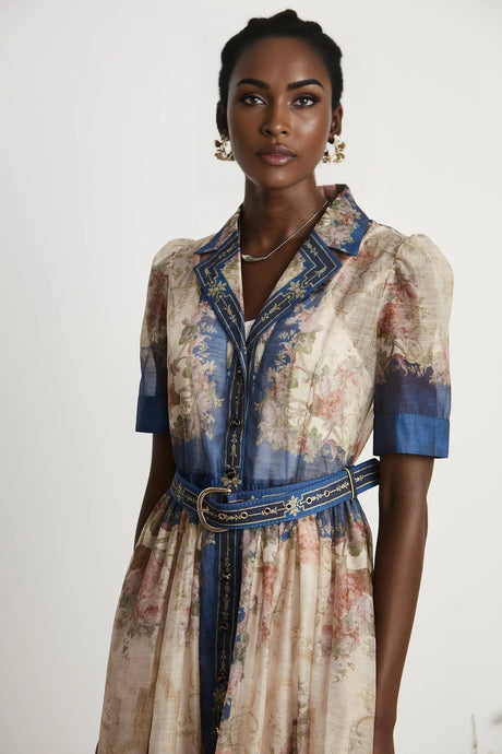 Haley Midi Dress Neutrals & Blue Pattern Long Sleeves Belt Button Fastening