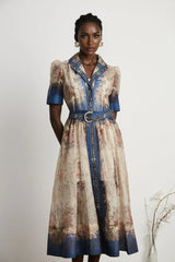 Haley Midi Dress Neutrals & Blue Pattern Long Sleeves Belt Button Fastening