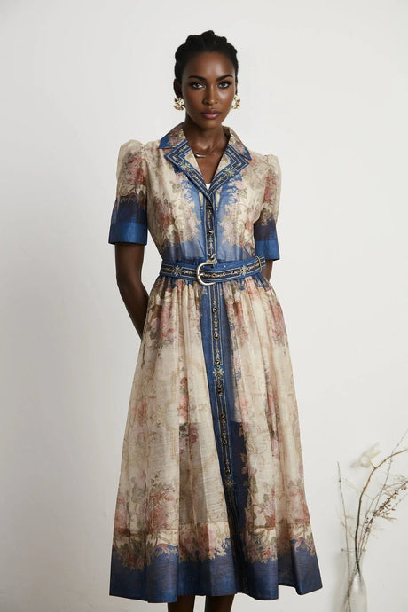 Haley Midi Dress Neutrals & Blue Pattern Long Sleeves Belt Button Fastening