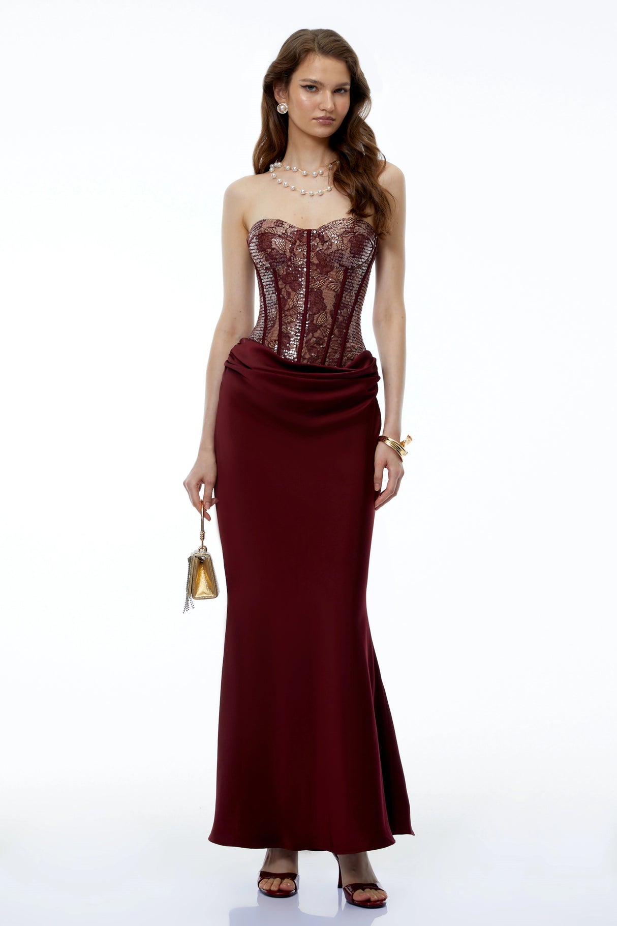Halima Burgundy Sequin Maxi Dress with Lace Panels