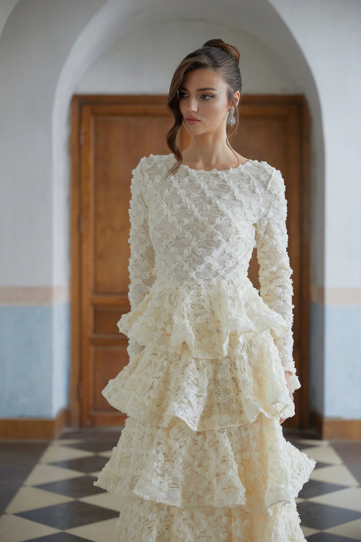 Halla Neutral Tiered Floral Lace Maxi Dress