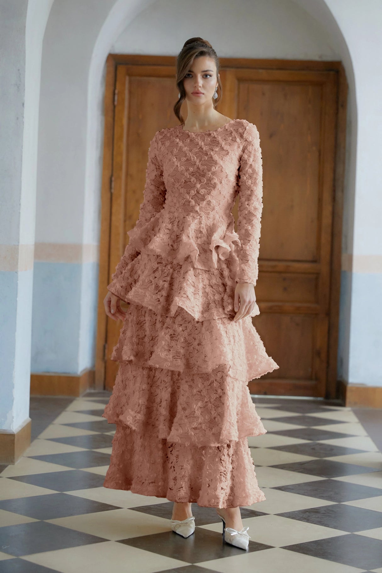 Halla Pink Tiered Floral Lace Maxi Dress