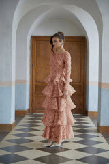 Halla Pink Tiered Floral Lace Maxi Dress